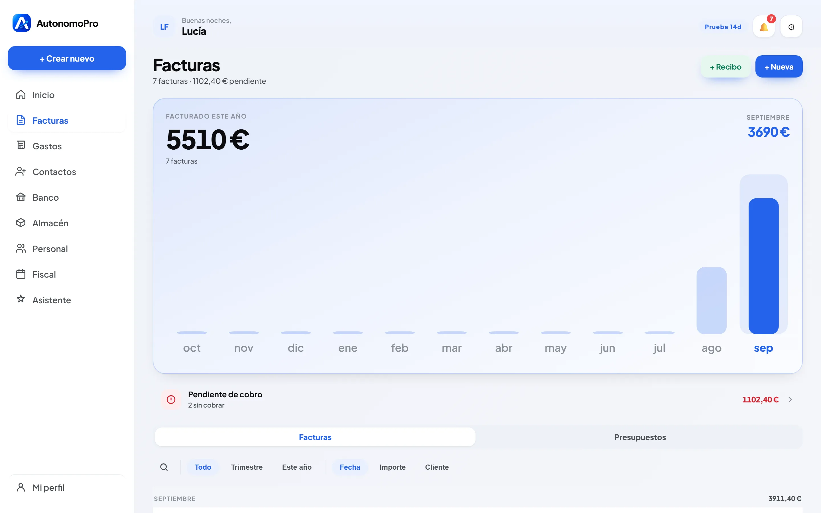 La pantalla de facturas de AutónomoPro
