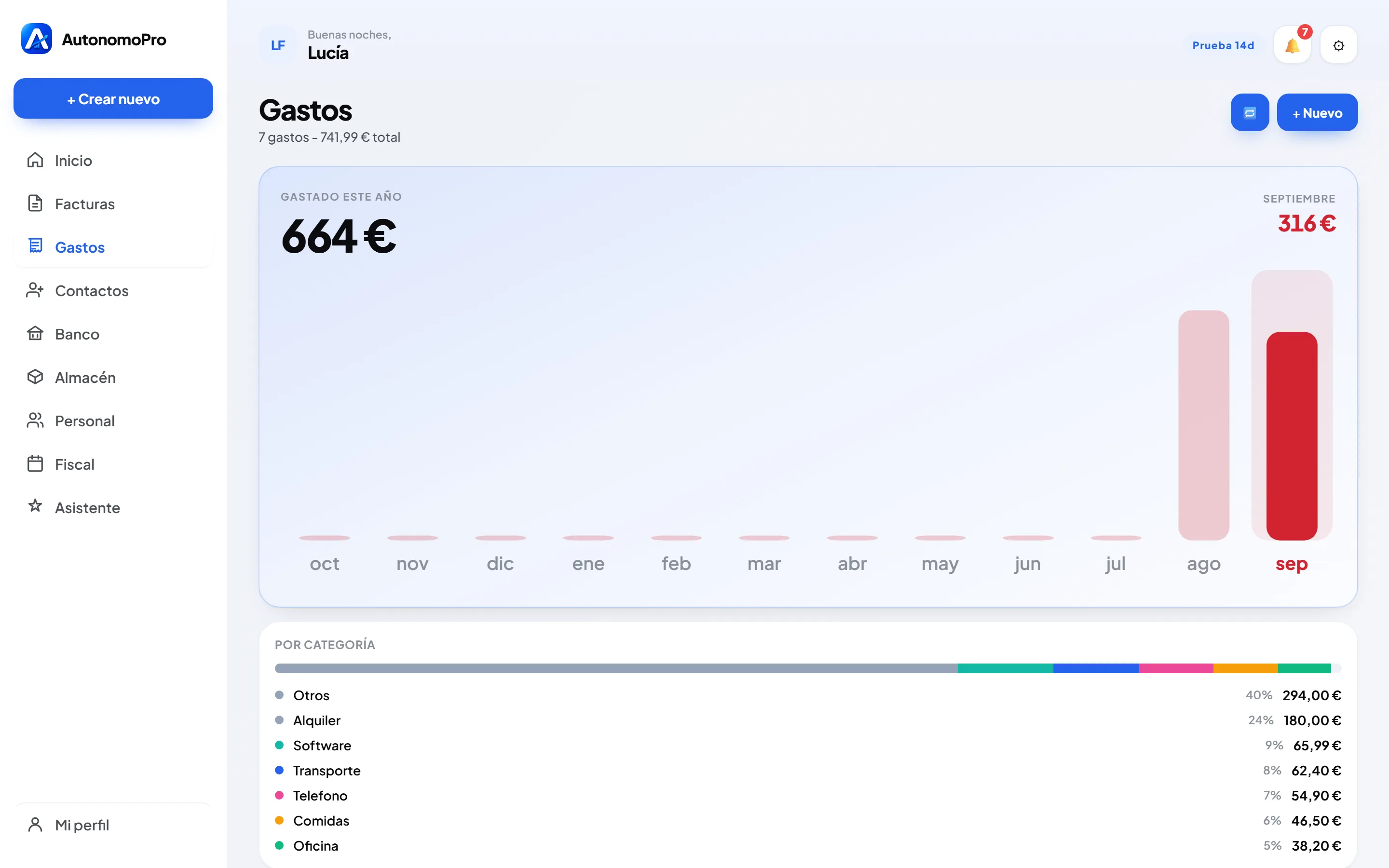 La pantalla de gastos de AutónomoPro