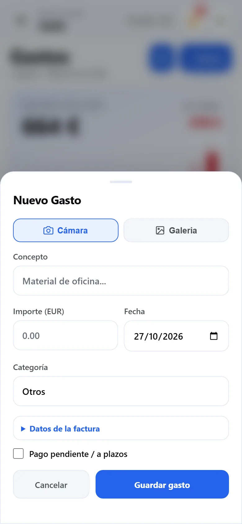 AutónomoPro en un móvil: un gasto apuntado desde la foto de un ticket