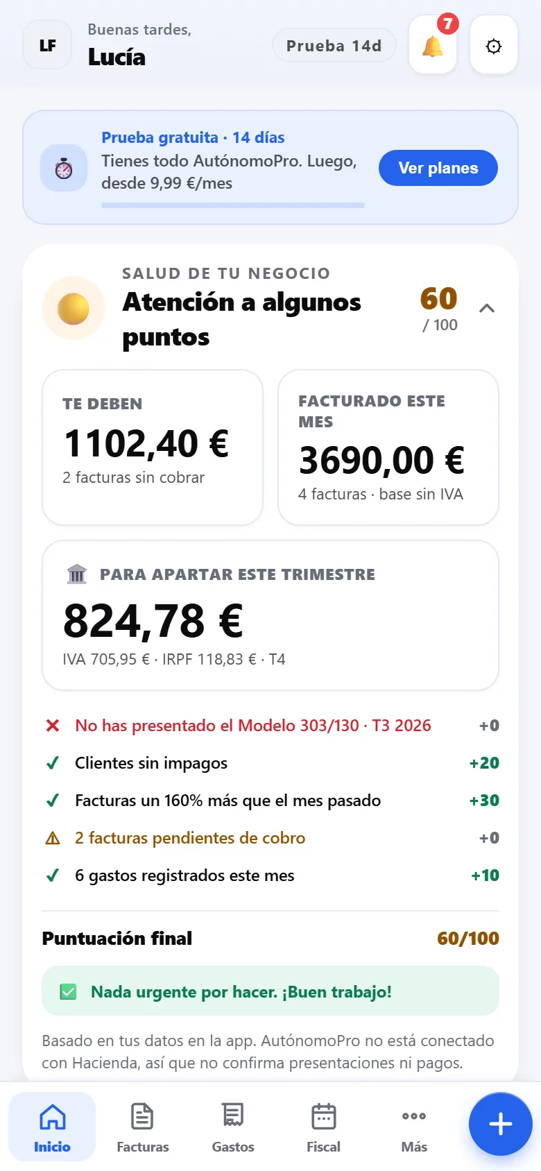 AutónomoPro en un móvil: el panel de inicio con el beneficio y lo pendiente de cobro
