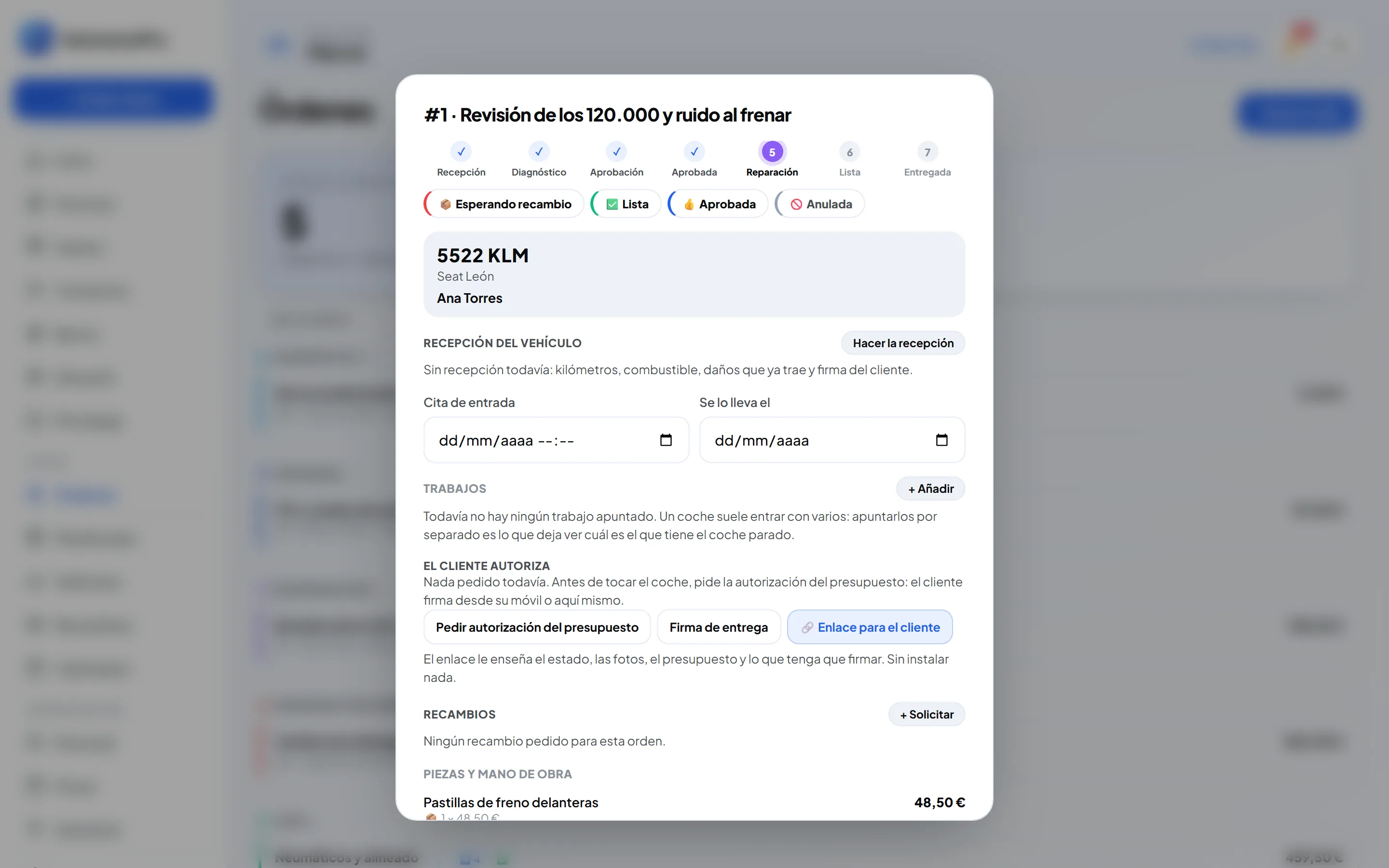 Ficha de una orden de reparación en AutónomoPro